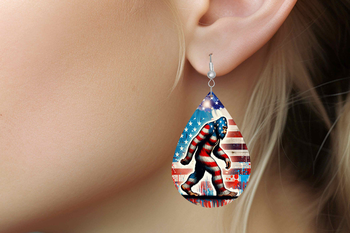 New Release Bigfoot American Flag Tear Drop Wood Dangle Earrings Hypoallergenic Jewelry