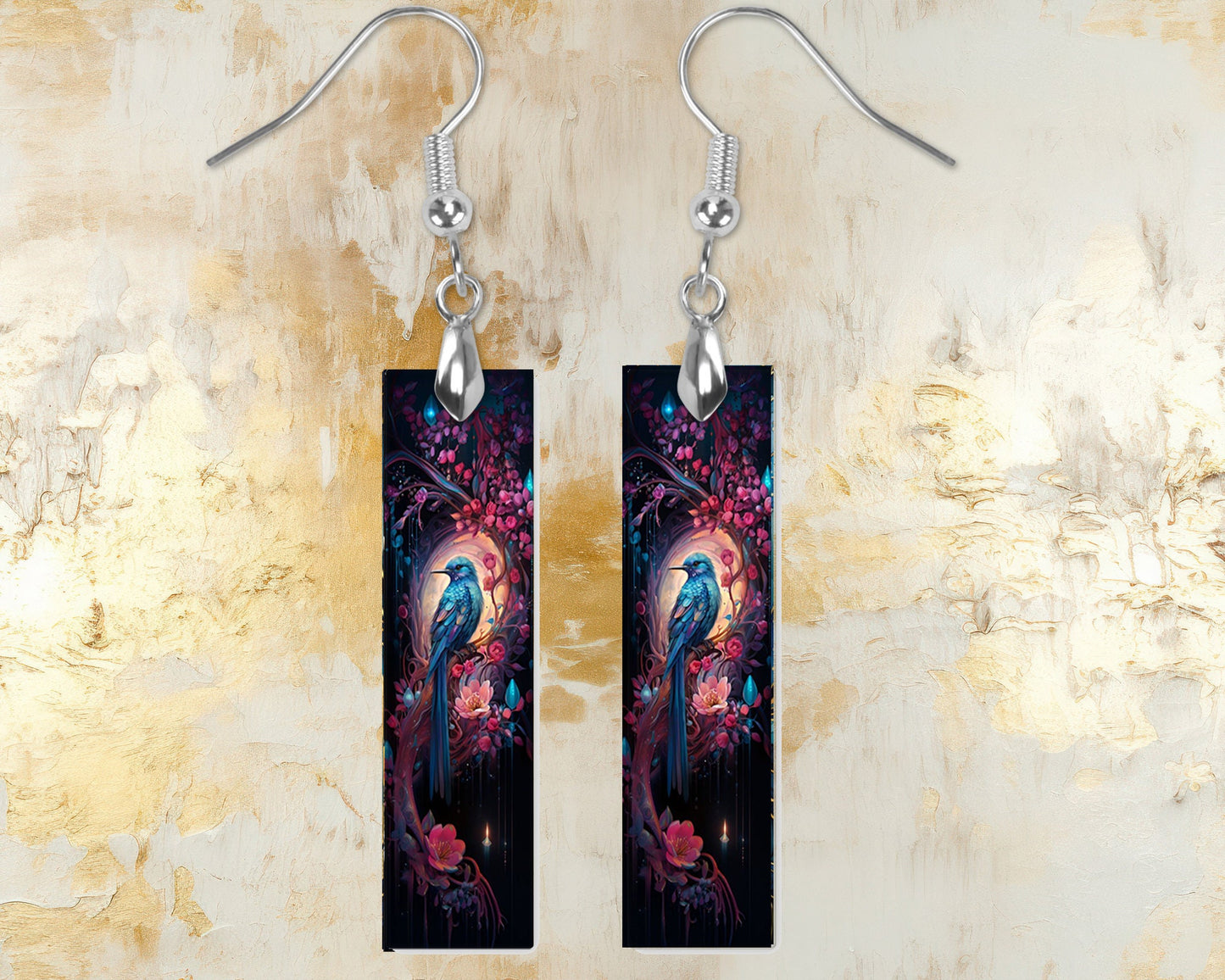 Bird and Pink Flowers Printed Wood Dangle Earrings Hypoallergenic Jewelry Handmade