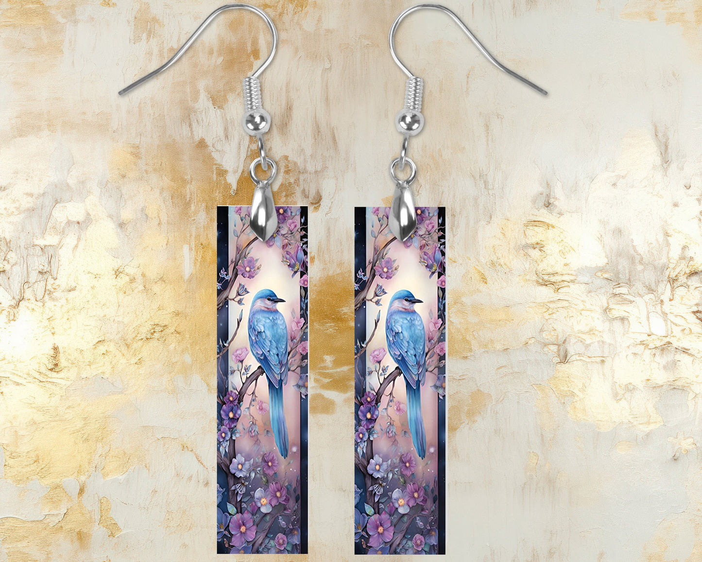 Blue Bird and Purple Flowers Printed Wood Dangle Earrings Hypoallergenic Jewelry Handmade