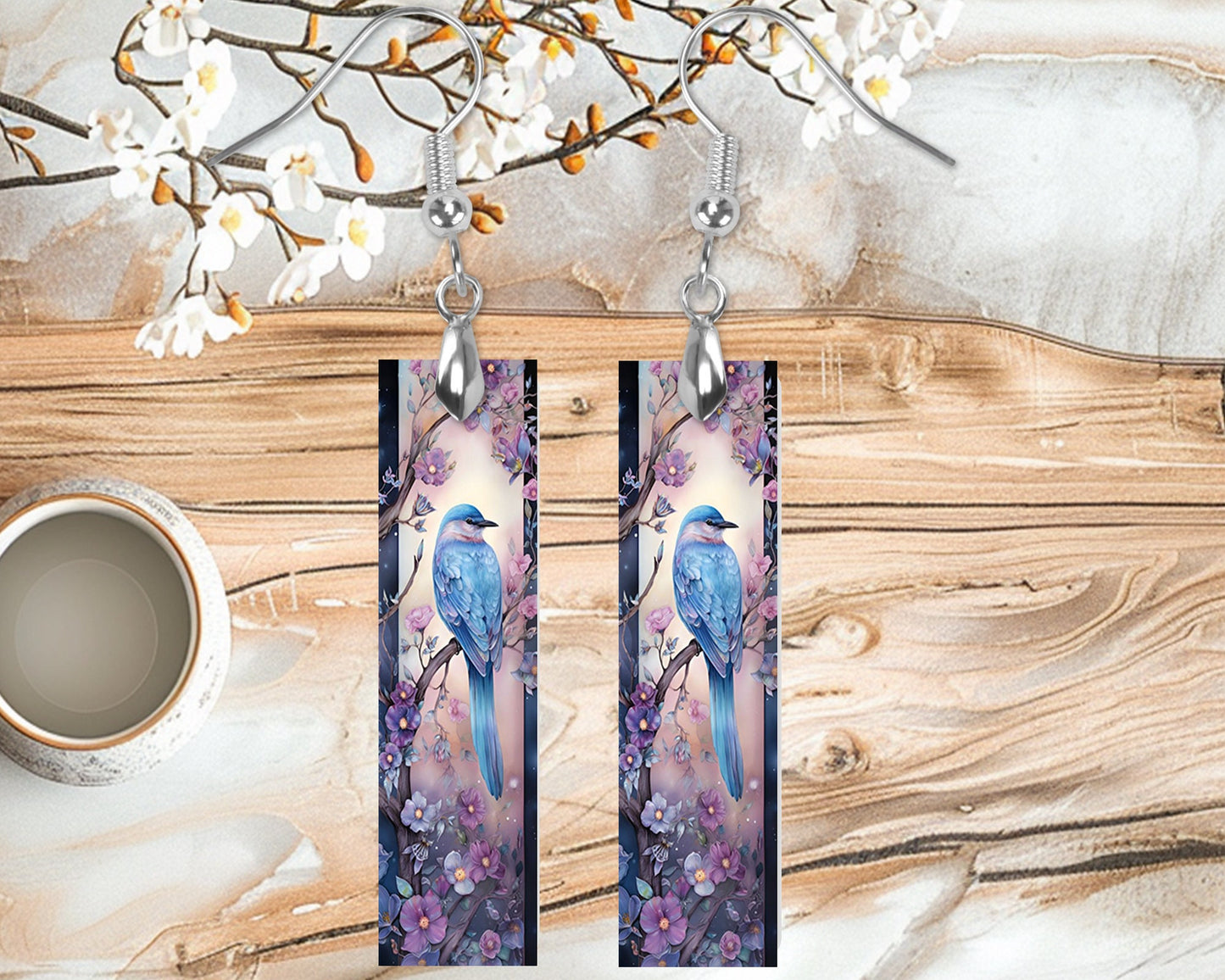 Blue Bird and Purple Flowers Printed Wood Dangle Earrings Hypoallergenic Jewelry Handmade