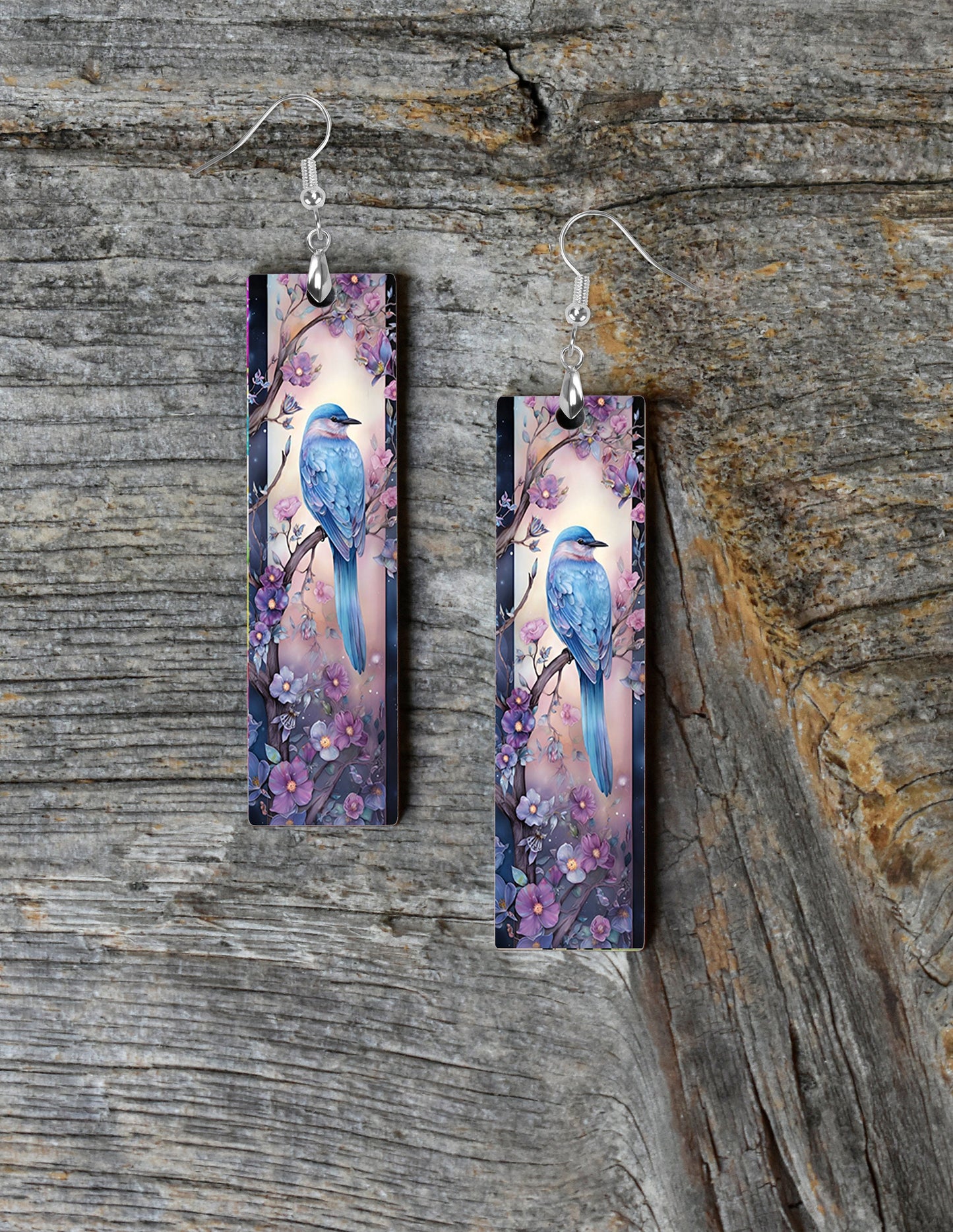 Blue Bird and Purple Flowers Printed Wood Dangle Earrings Hypoallergenic Jewelry Handmade