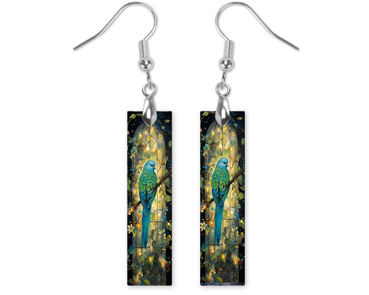 Blue and Green Parakeet Printed Wood Dangle Earrings Hypoallergenic Jewelry Handmade