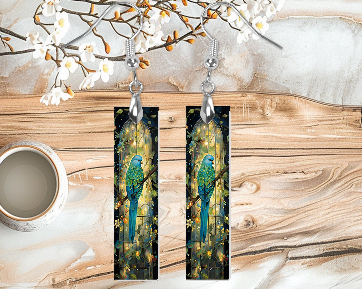 Blue and Green Parakeet Printed Wood Dangle Earrings Hypoallergenic Jewelry Handmade