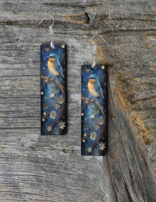 Blue and Yellow Bird Printed Wood Dangle Earrings Hypoallergenic Jewelry Handmade