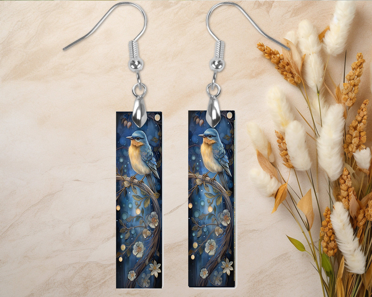 Blue and Yellow Bird Printed Wood Dangle Earrings Hypoallergenic Jewelry Handmade