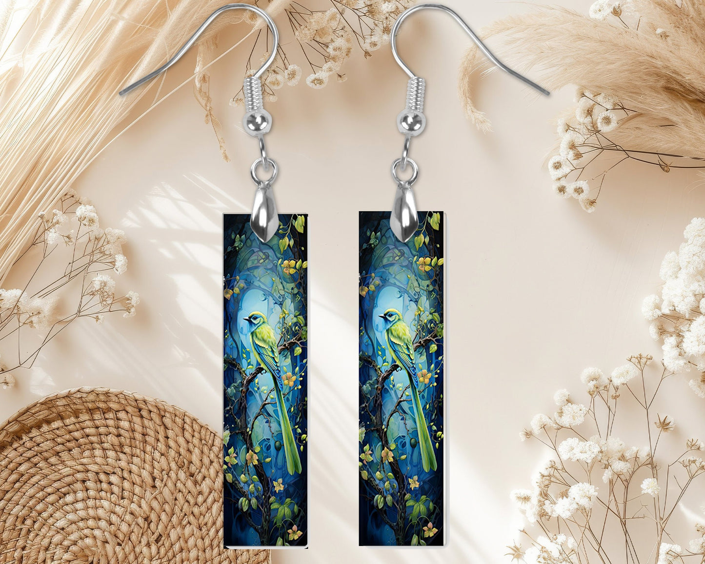 Green Parakeet Printed Wood Dangle Earrings Hypoallergenic Jewelry Handmade