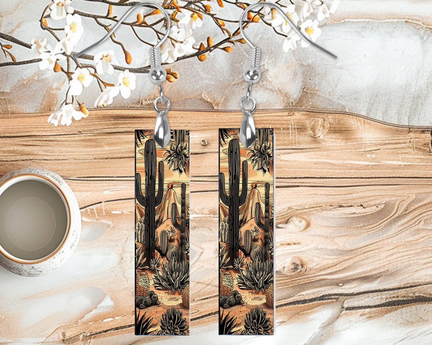 Monochrome Desert Printed Wood Dangle Earrings Hypoallergenic Jewelry Handmade