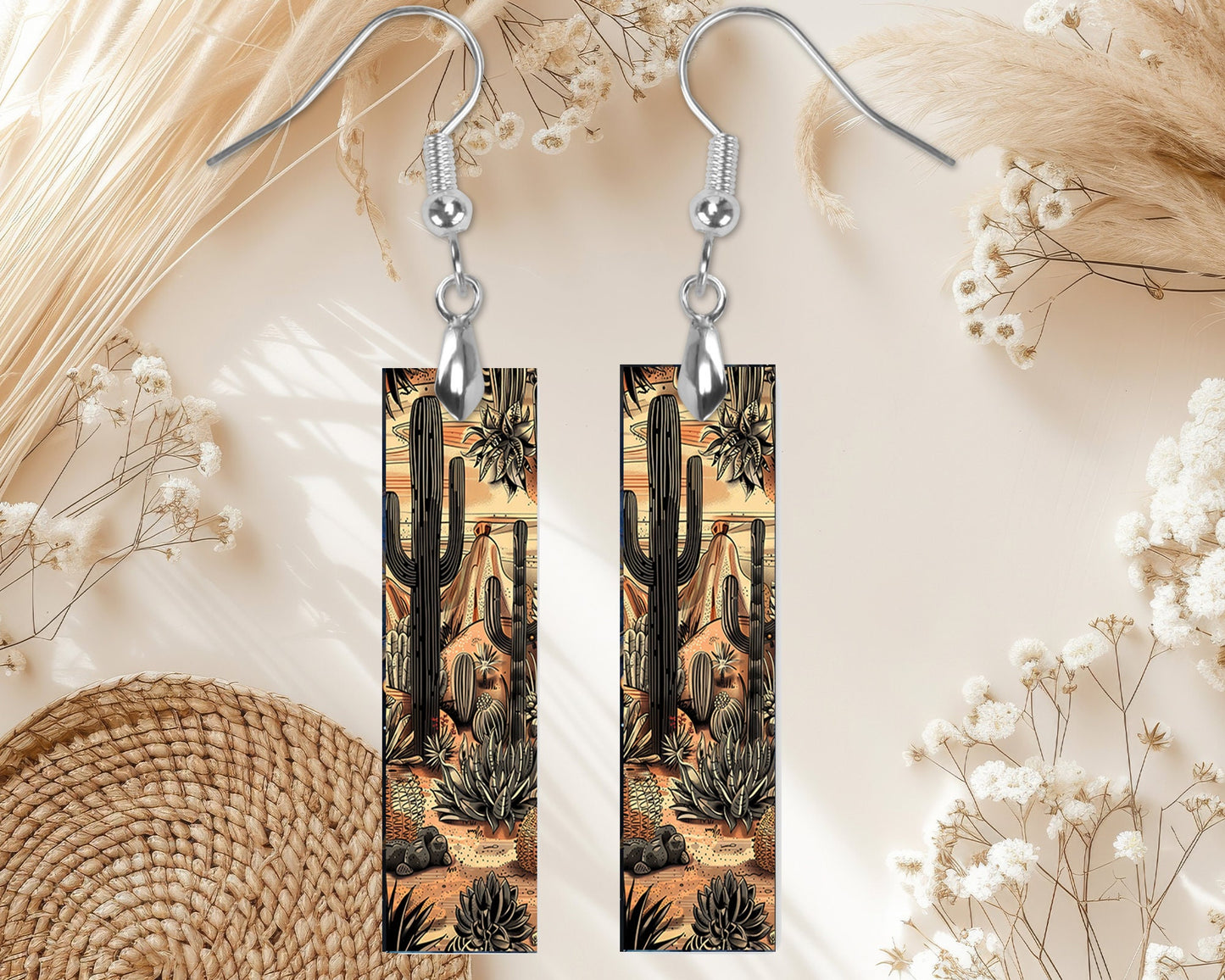 Monochrome Desert Printed Wood Dangle Earrings Hypoallergenic Jewelry Handmade