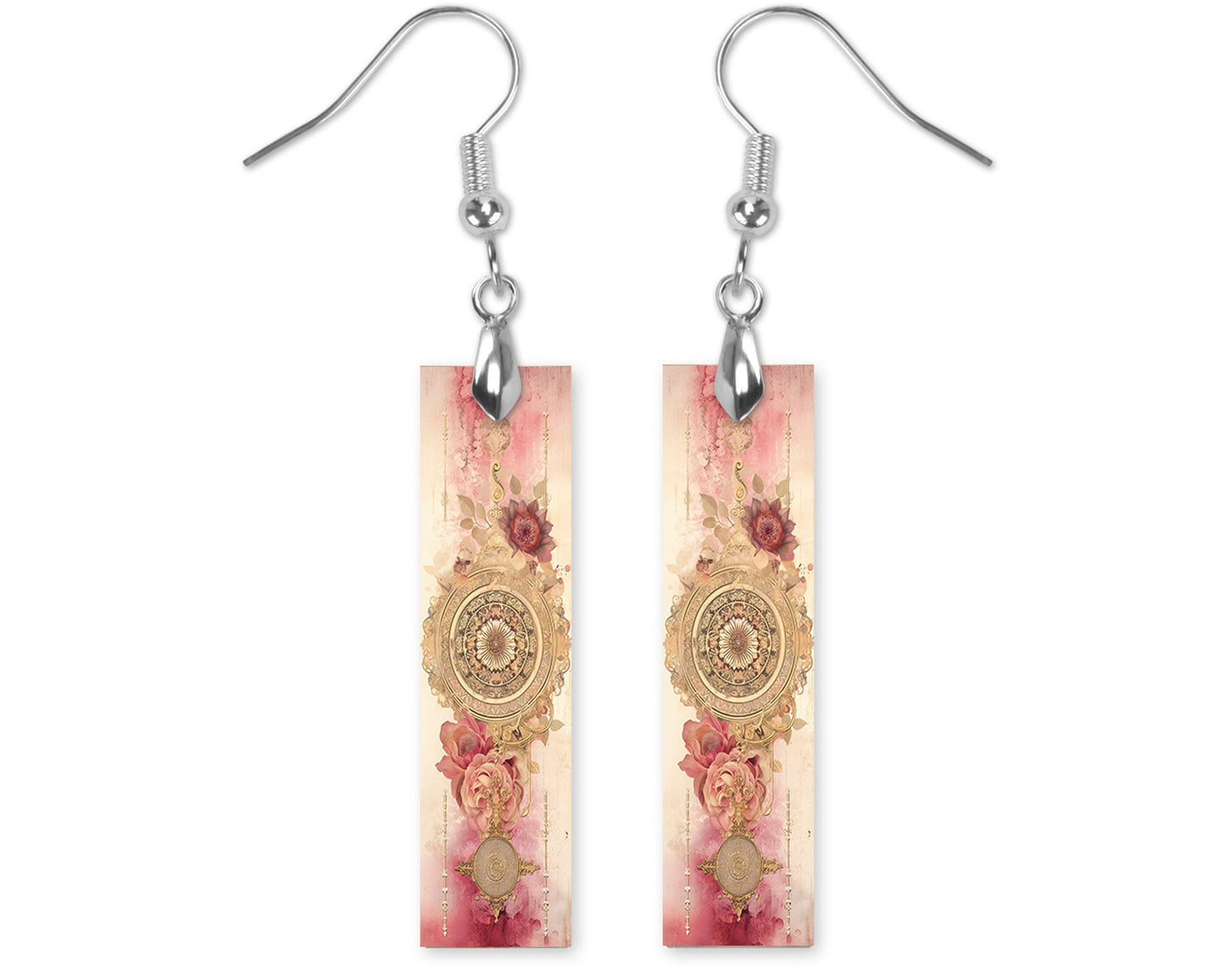 Pink and Gold Mandala Printed Wood Dangle Earrings Hypoallergenic Jewelry Handmade