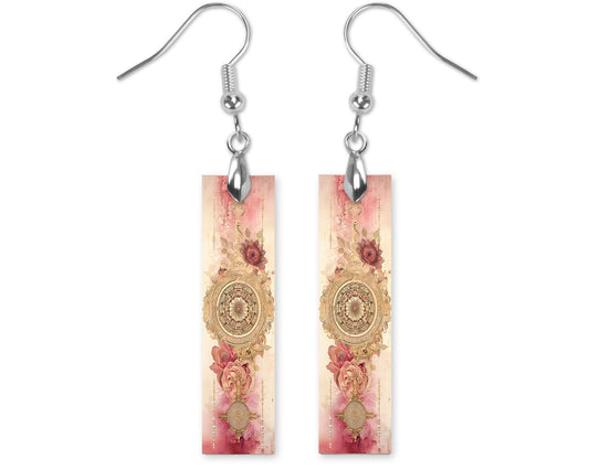 Pink and Gold Mandala Printed Wood Dangle Earrings Hypoallergenic Jewelry Handmade