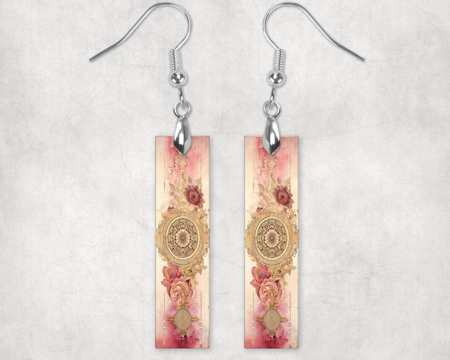 Pink and Gold Mandala Printed Wood Dangle Earrings Hypoallergenic Jewelry Handmade