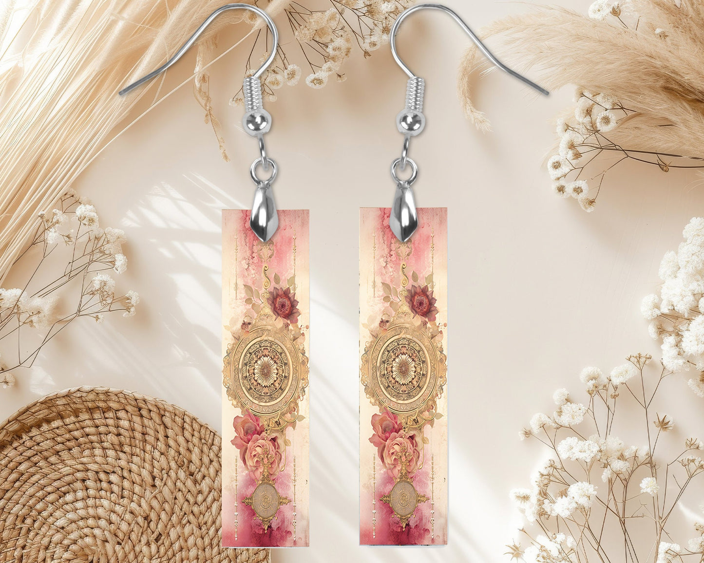 Pink and Gold Mandala Printed Wood Dangle Earrings Hypoallergenic Jewelry Handmade