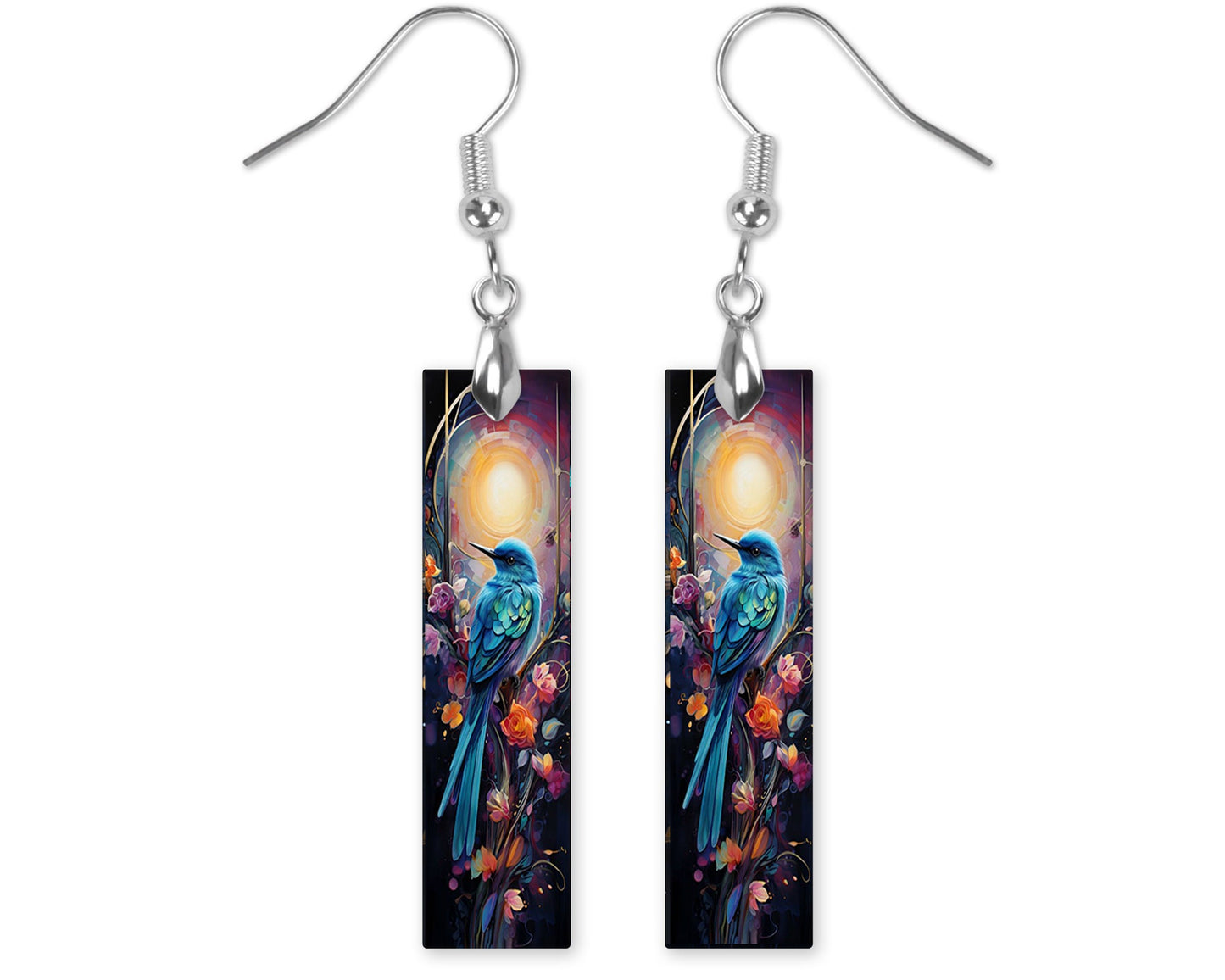 Blue Bird and Full Moon Earrings, Bar Dangle Printed Earrings Jewelry Handmade