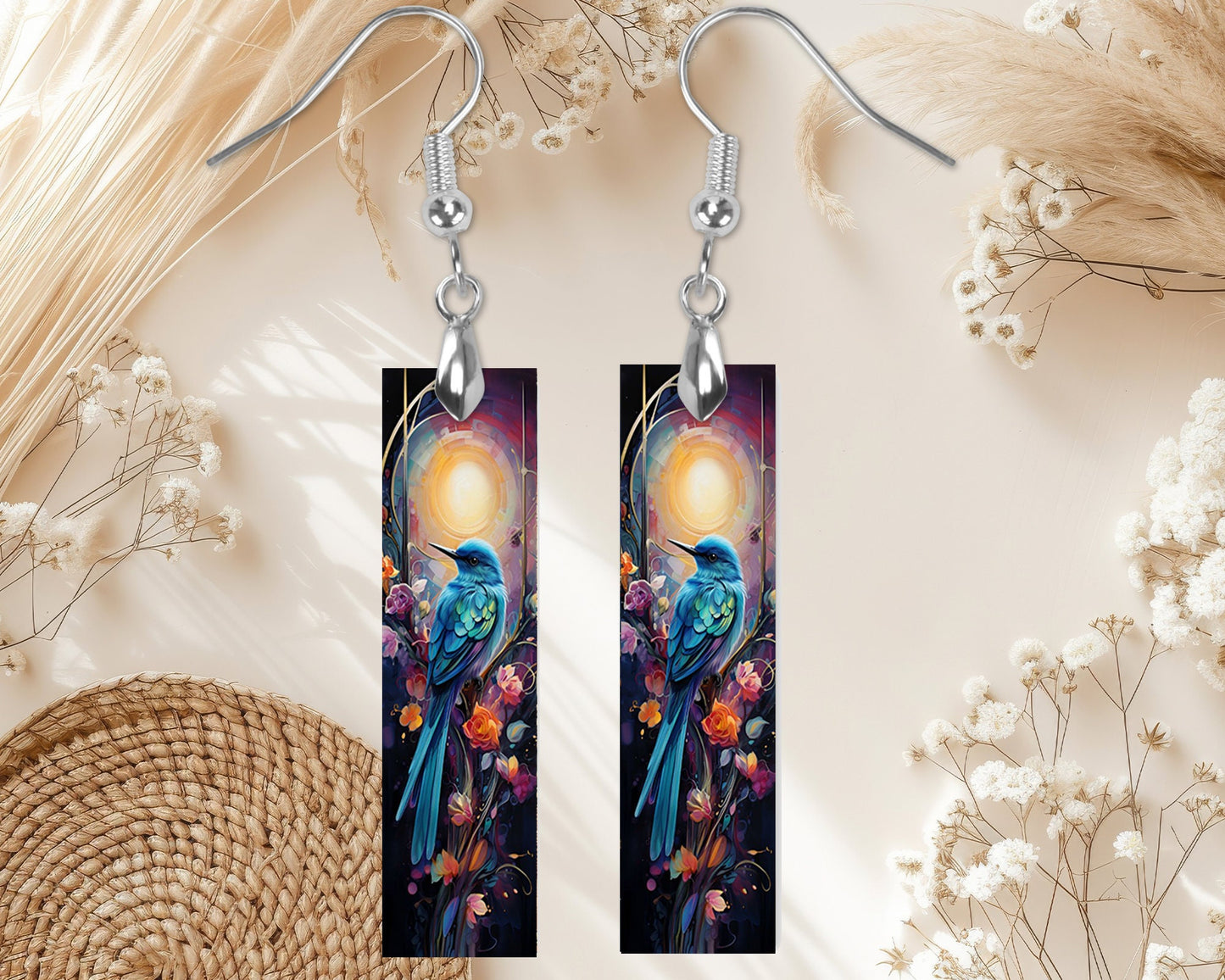 Blue Bird and Full Moon Earrings, Bar Dangle Printed Earrings Jewelry Handmade