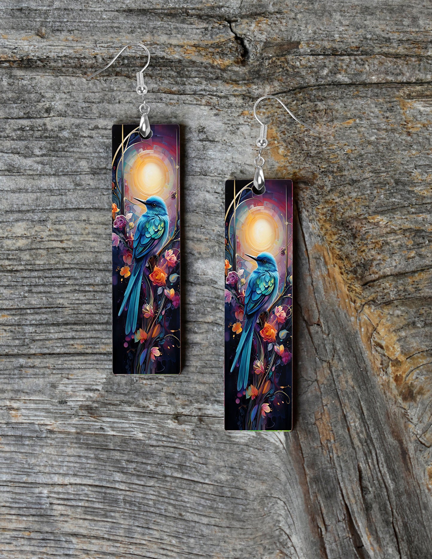 Blue Bird and Full Moon Earrings, Bar Dangle Printed Earrings Jewelry Handmade