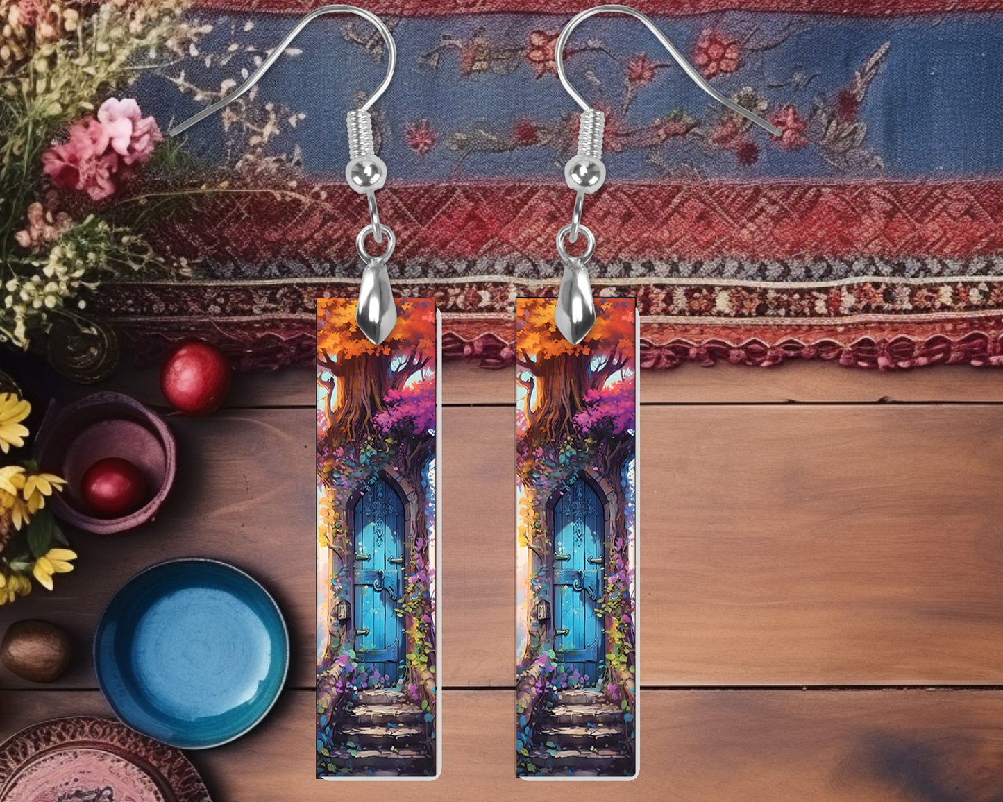 Blue Fairy Door Earrings, Bar Dangle Printed Earrings Jewelry Handmade