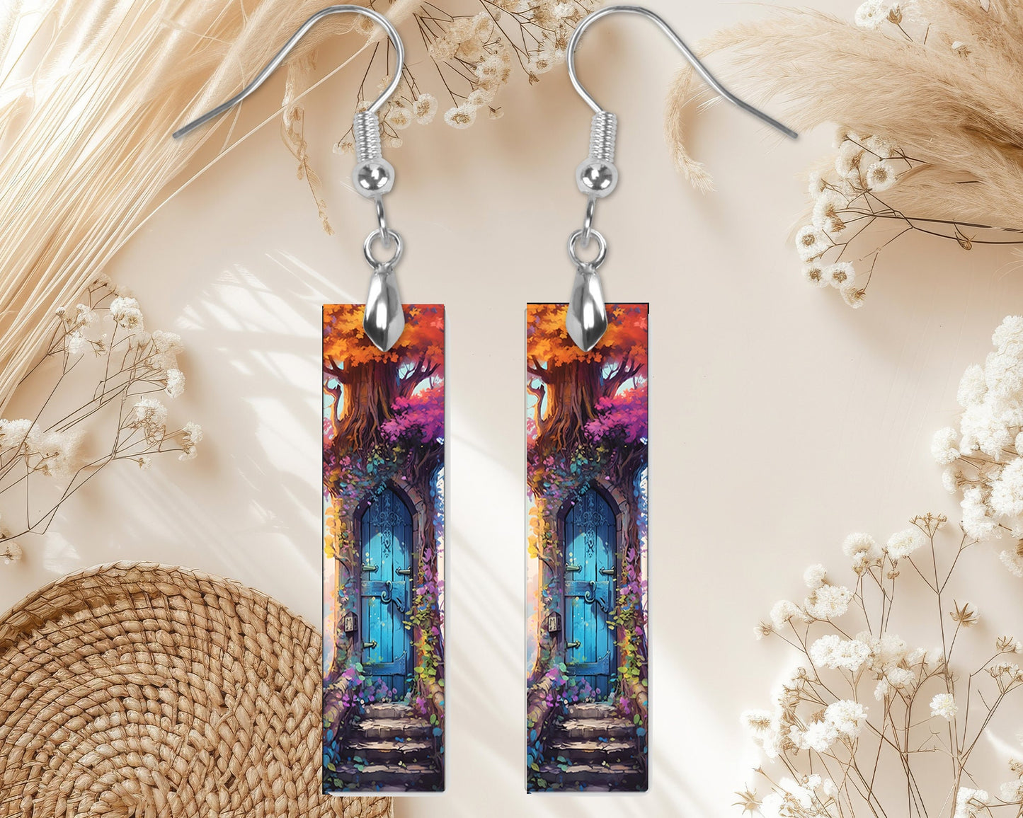 Blue Fairy Door Earrings, Bar Dangle Printed Earrings Jewelry Handmade