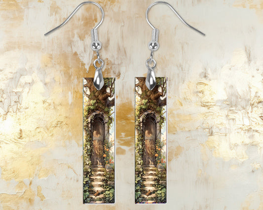 Fairy Door Earrings, Bar Dangle Printed Earrings Jewelry Handmade