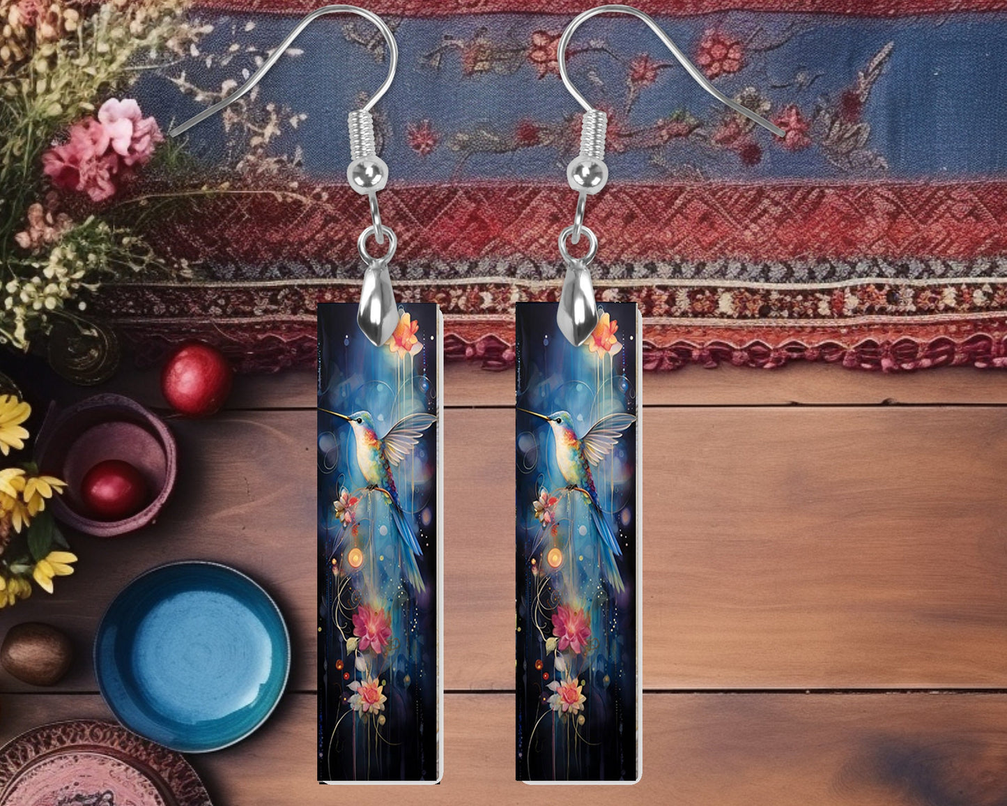 Hummingbird on Blue Earrings, Bar Dangle Printed Earrings Jewelry Handmade