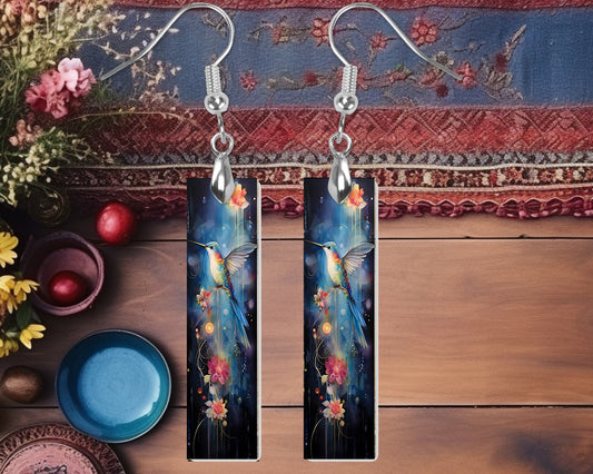 Hummingbird on Blue Earrings, Bar Dangle Printed Earrings Jewelry Handmade