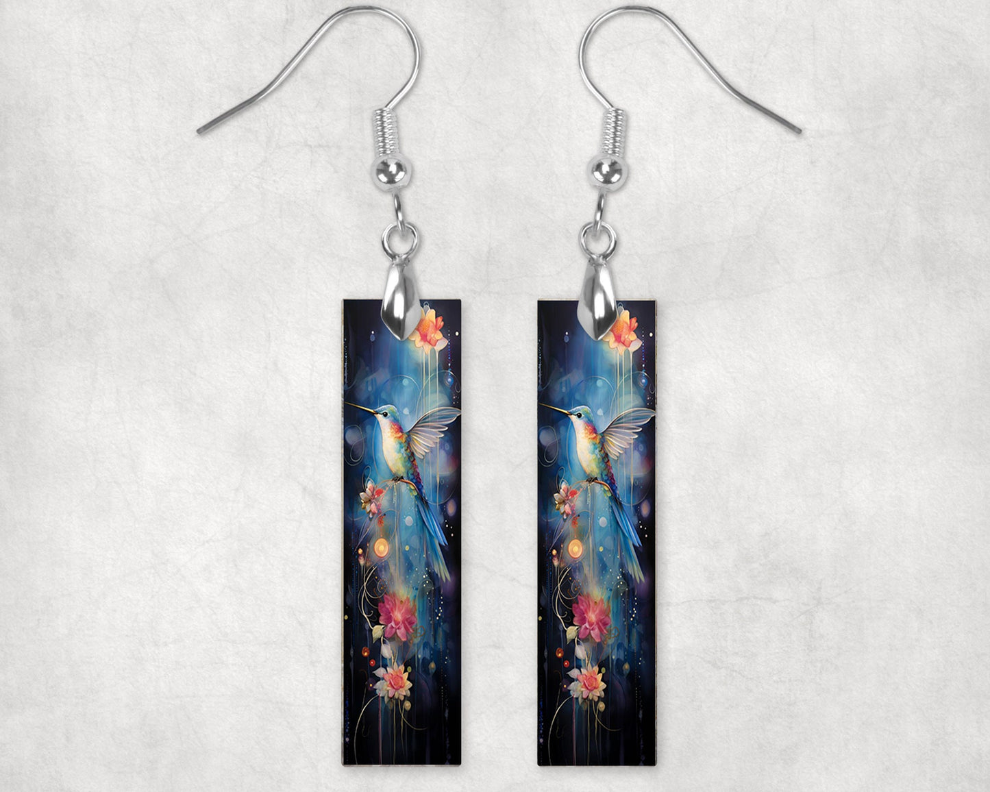 Hummingbird on Blue Earrings, Bar Dangle Printed Earrings Jewelry Handmade