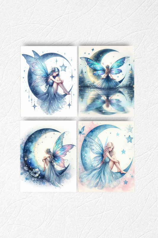 Set of 4  8x10 Blue Moon Fairy Wall Art, Canvas Prints, Contemporary Wall Art