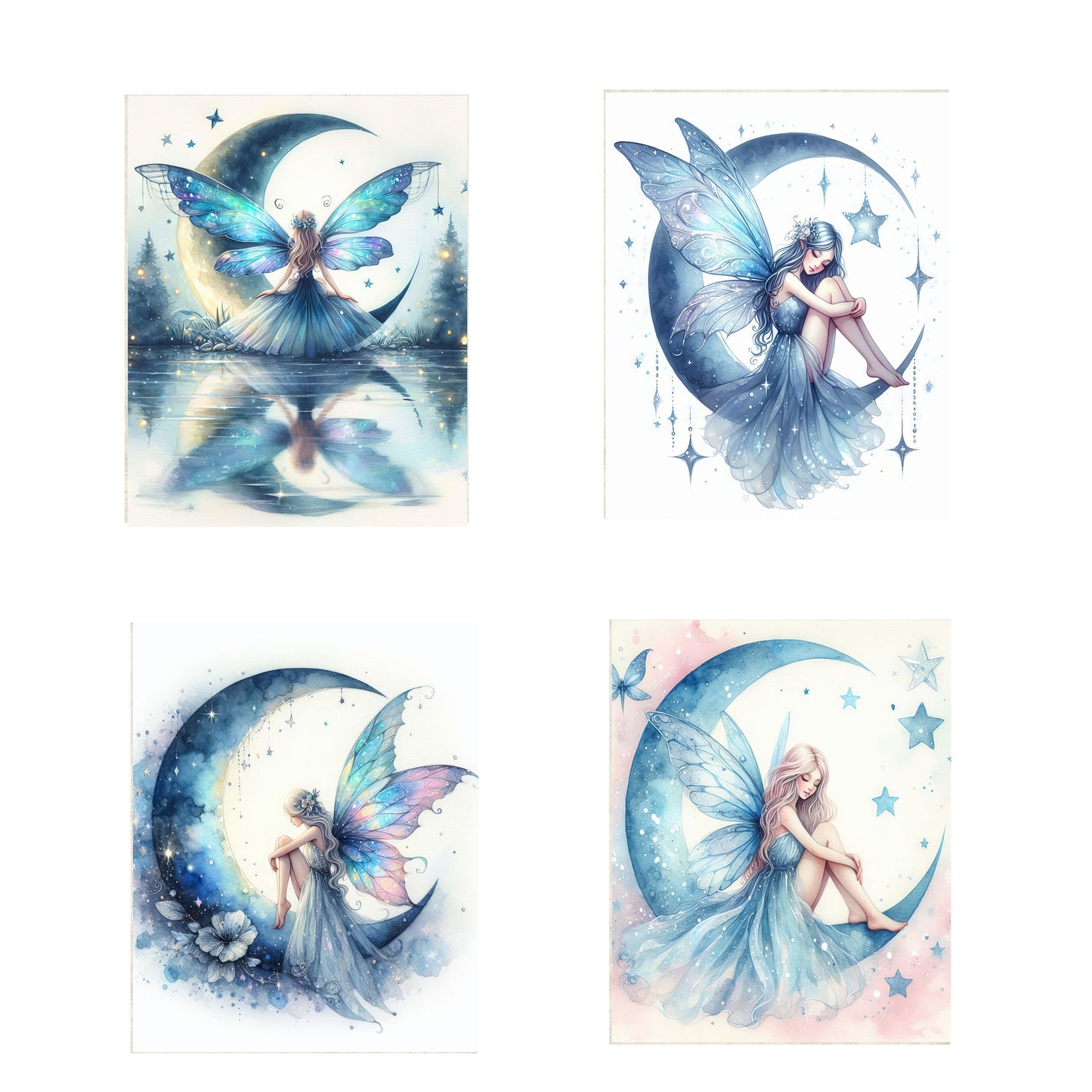 Set of 4  8x10 Blue Moon Fairy Wall Art, Canvas Prints, Contemporary Wall Art