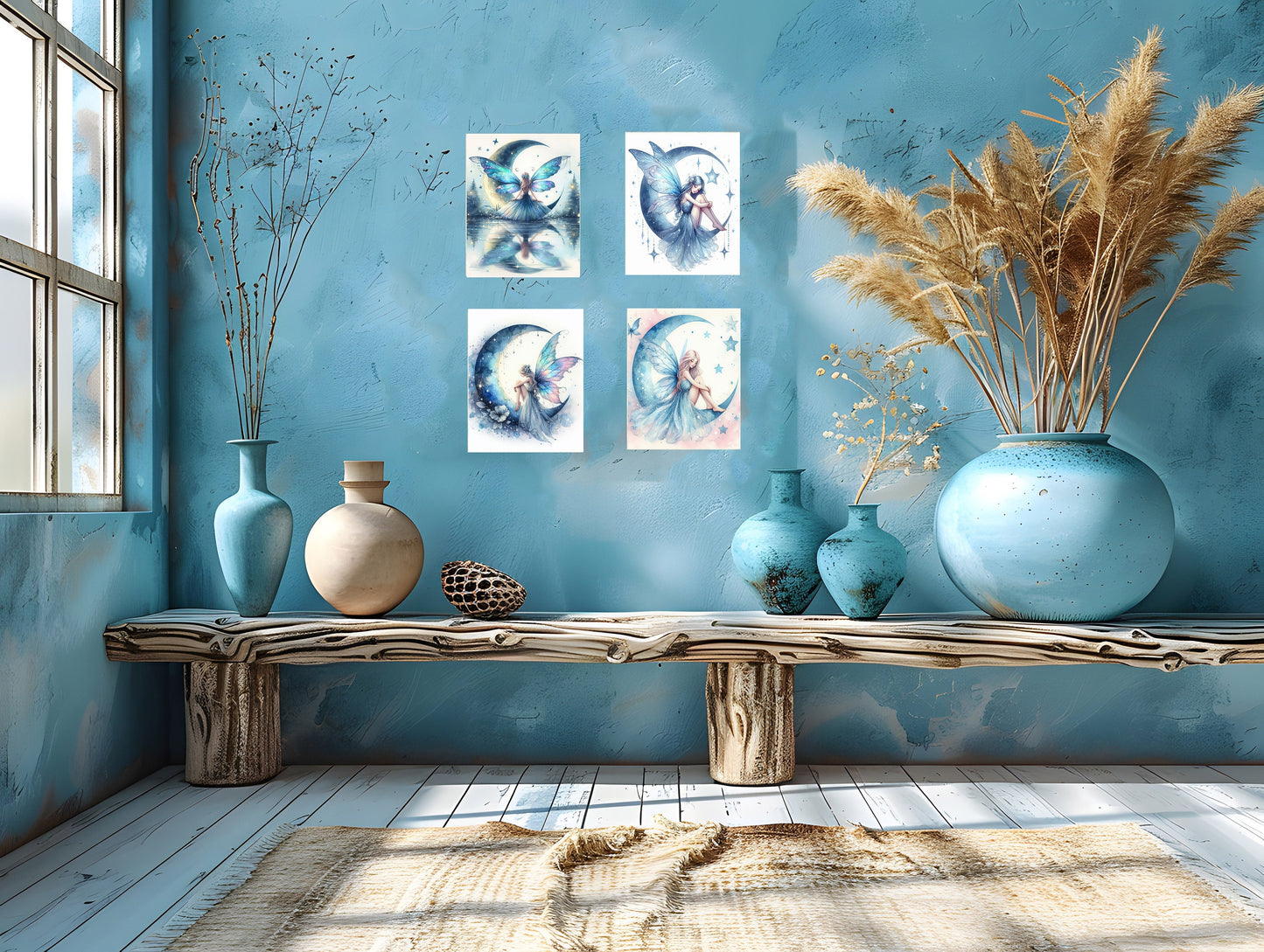 Set of 4  8x10 Blue Moon Fairy Wall Art, Canvas Prints, Contemporary Wall Art