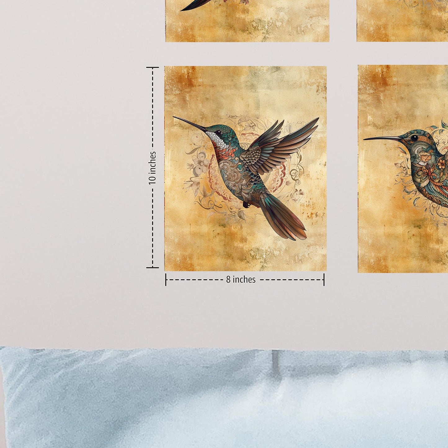 Set of 4  8x10 Hummingbirds in Paisley Canvas Print,  Contemporary Wall Art