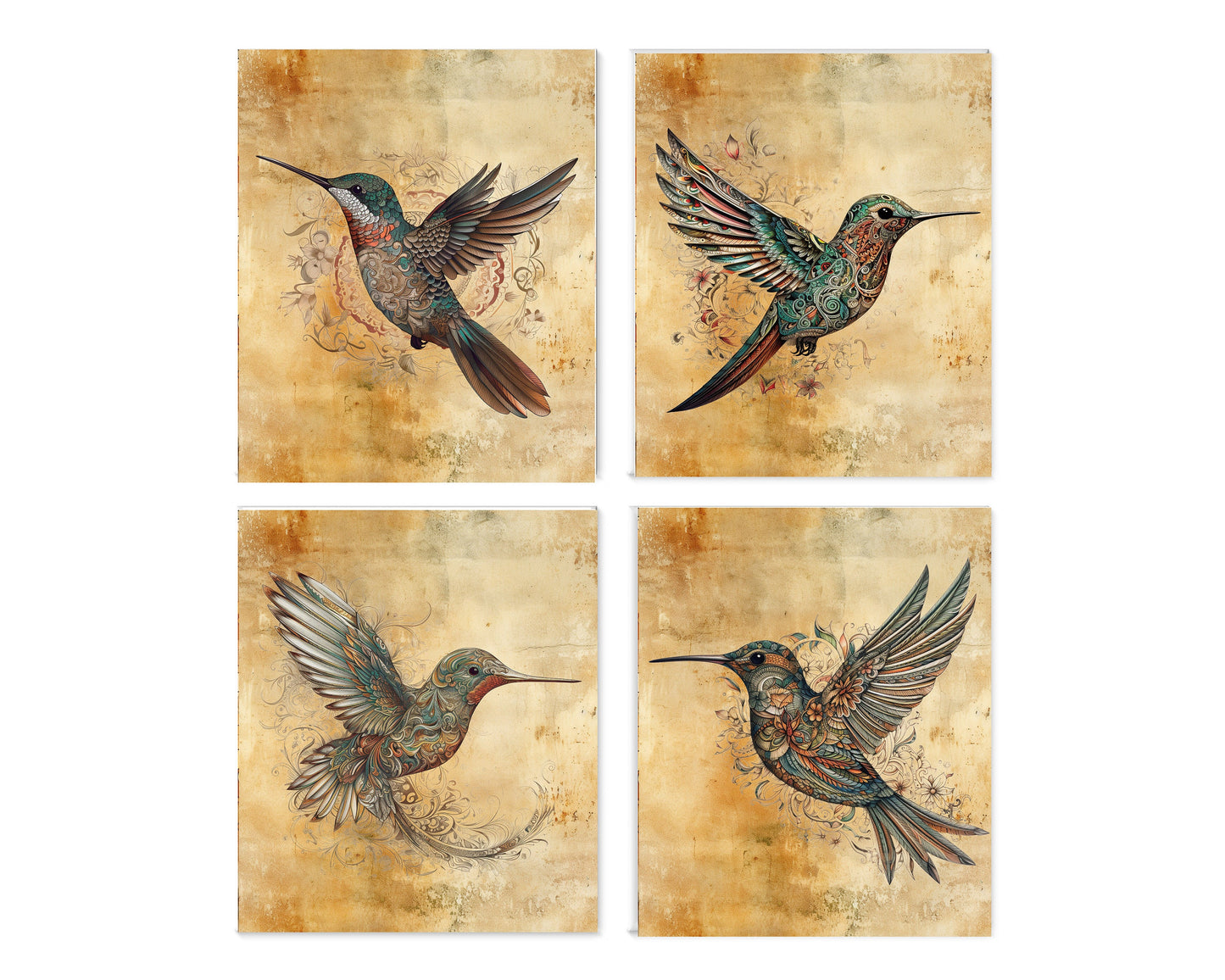 Set of 4  8x10 Hummingbirds in Paisley Canvas Print,  Contemporary Wall Art