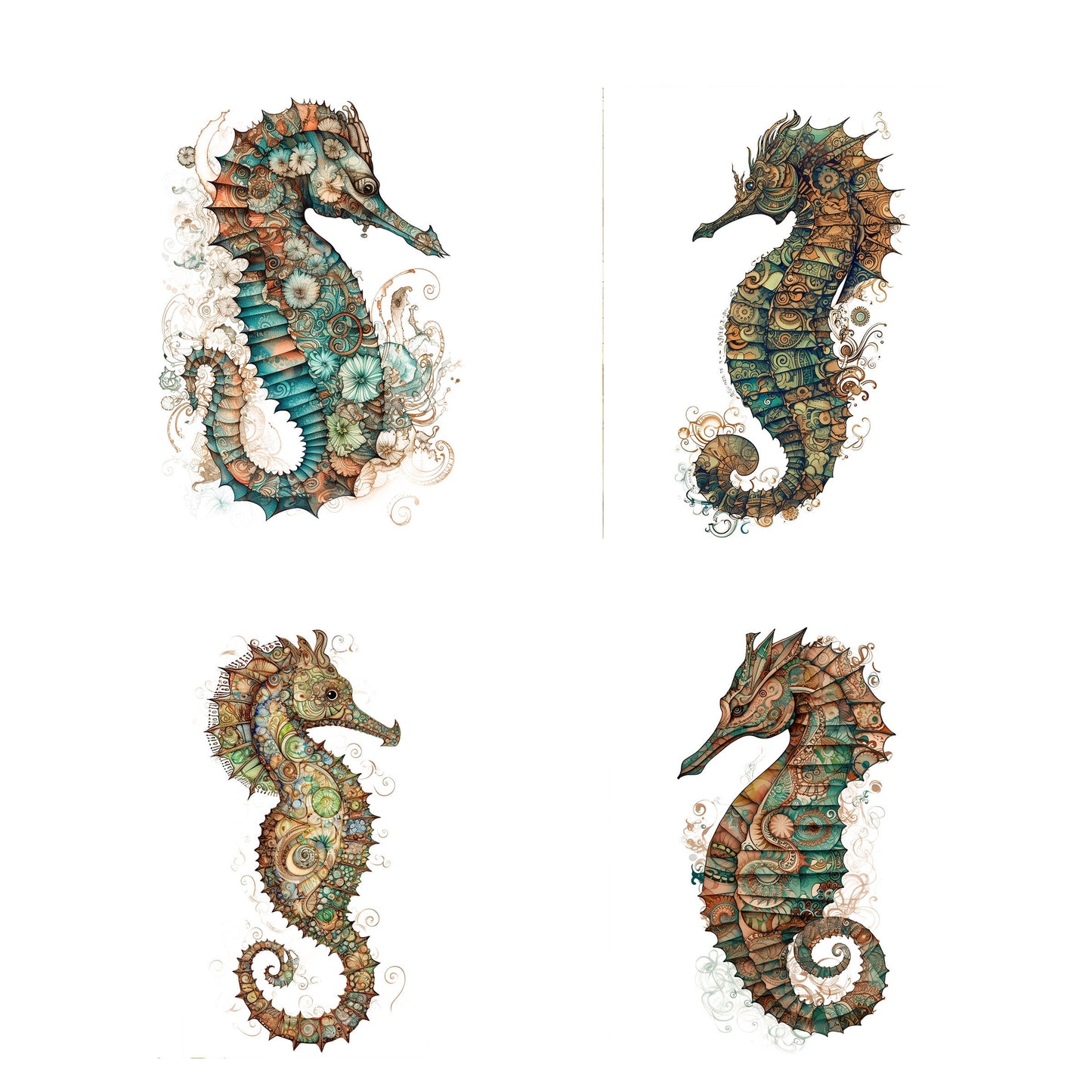 Set of 4  8x10 Paisley Seahorses Coastal Canvas Print,  Contemporary Wall Art