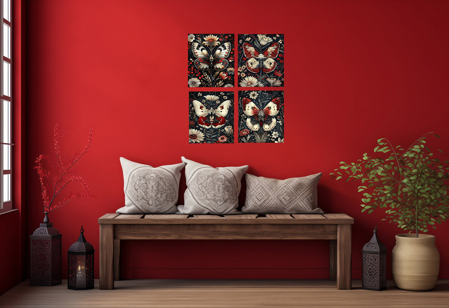 Set of 4  8x10 Red and White Butterflies Canvas Print,  Contemporary Wall Art