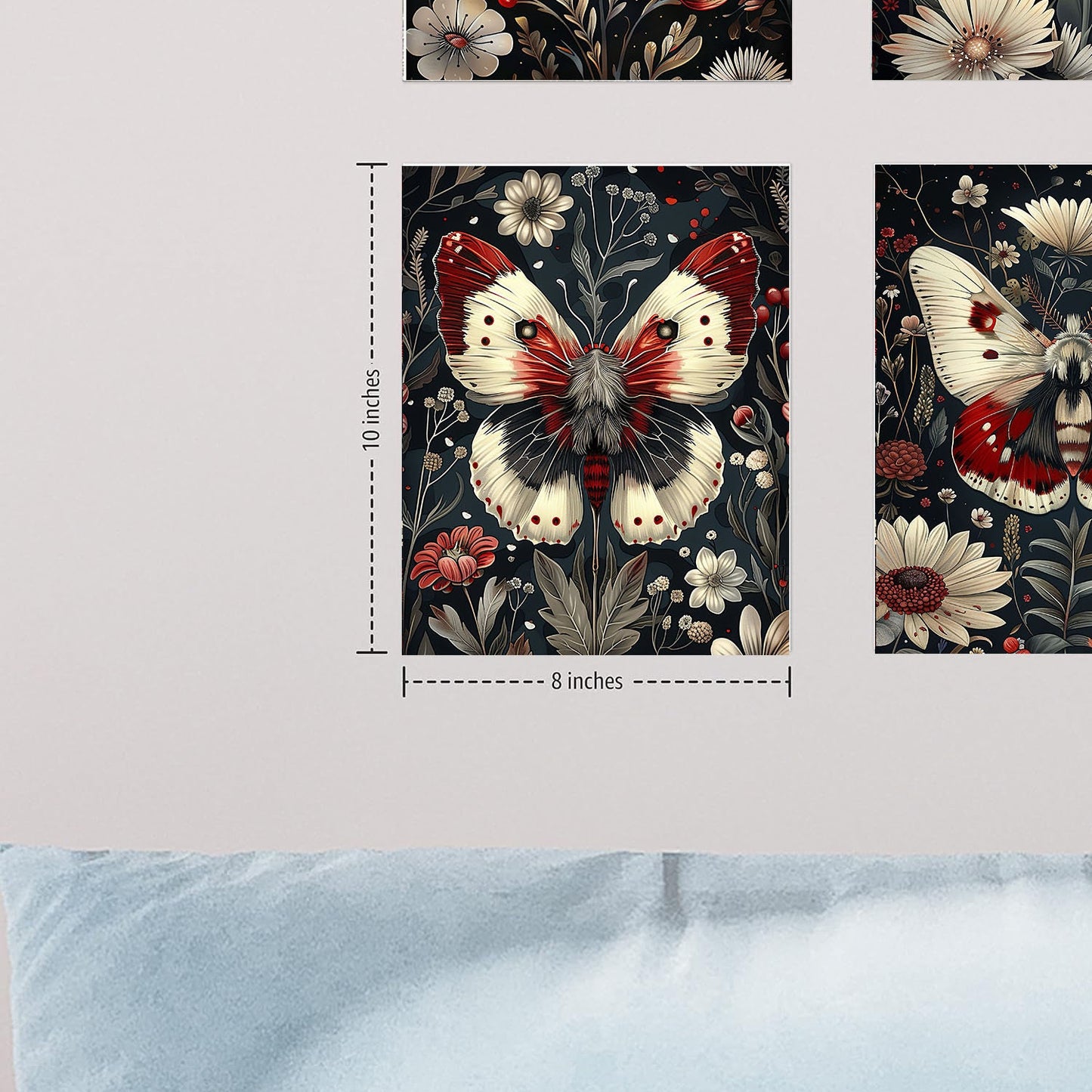 Set of 4  8x10 Red and White Butterflies Canvas Print,  Contemporary Wall Art