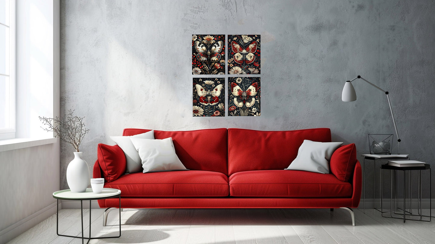 Set of 4  8x10 Red and White Butterflies Canvas Print,  Contemporary Wall Art