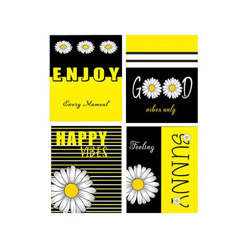 Set of 4  8x10 Yellow and Black Daisy Positive Vibes Canvas Print,  Contemporary Wall Art