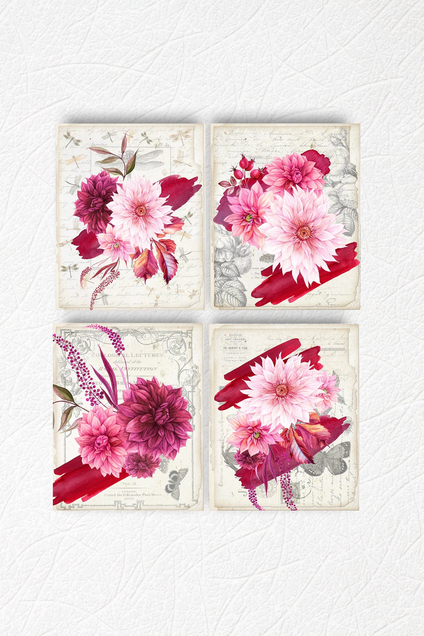 Set of 4  8x10 Burgundy Floral Wall Art Canvas Print, Contemporary Wall Art