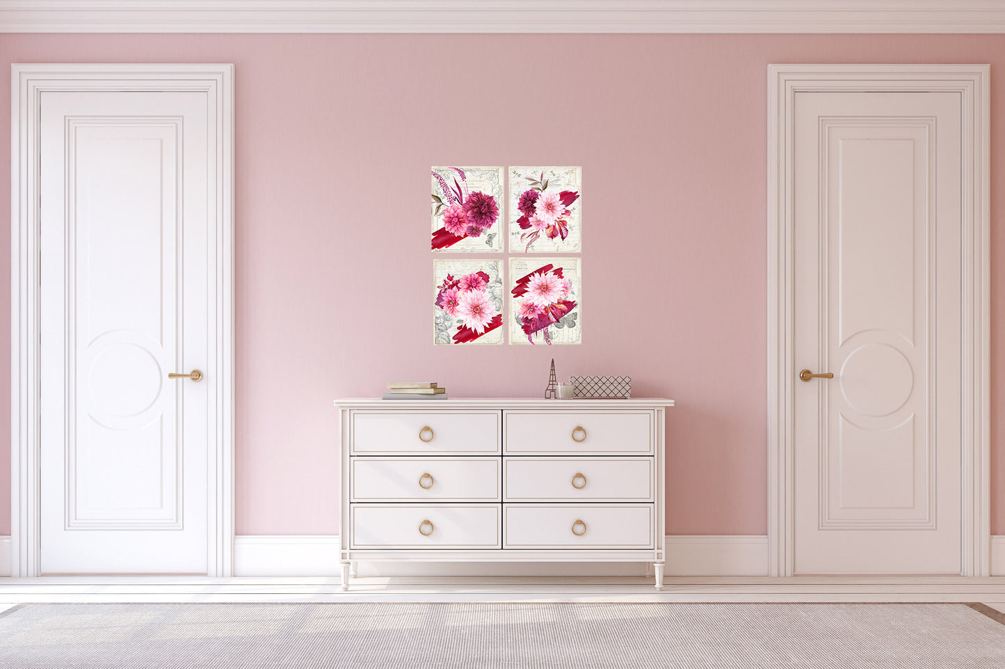 Set of 4  8x10 Burgundy Floral Wall Art Canvas Print, Contemporary Wall Art