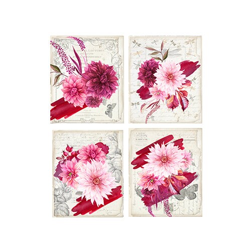 Set of 4  8x10 Burgundy Floral Wall Art Canvas Print, Contemporary Wall Art