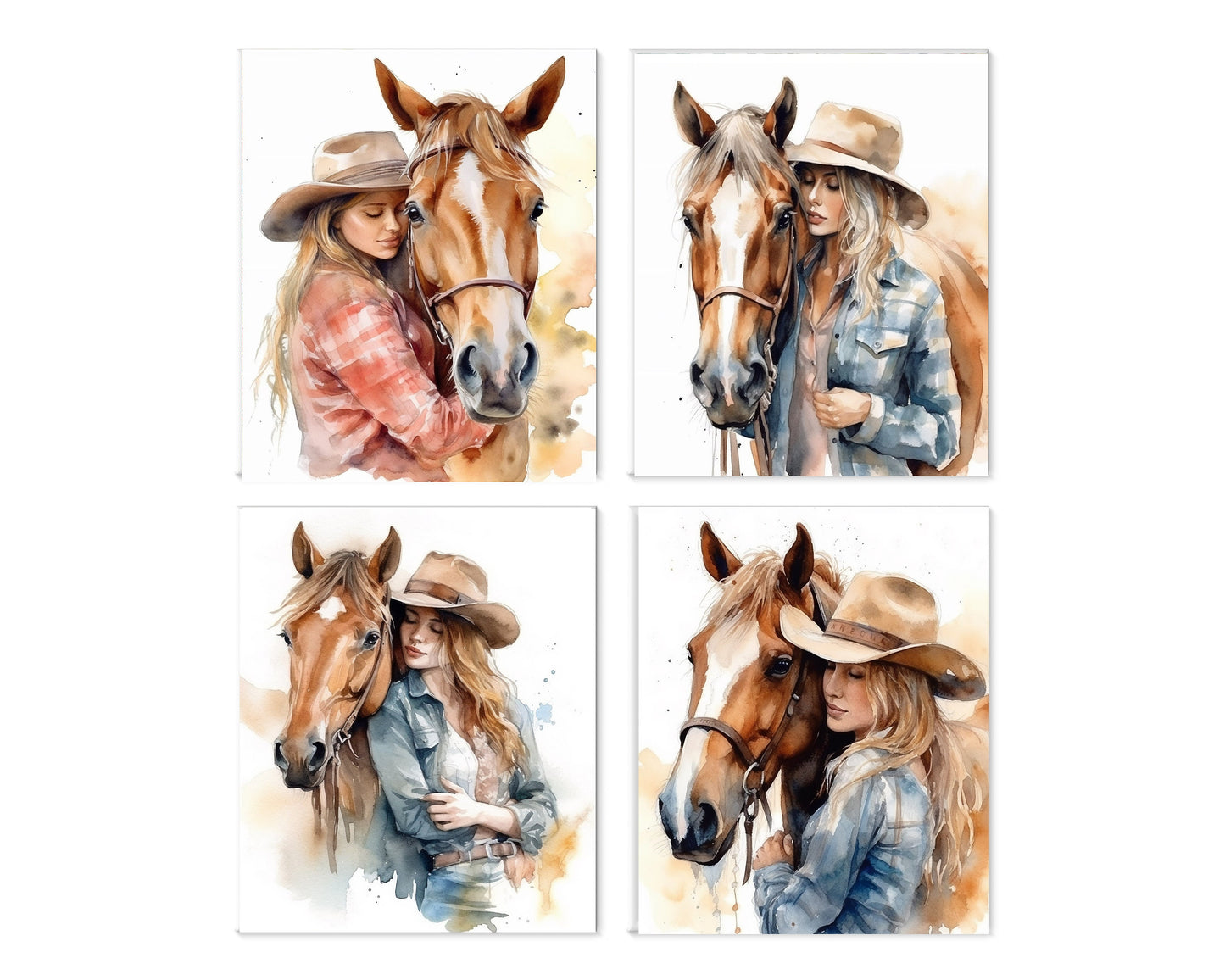 Set of 4  8x10 Girls and Horses Wall Art Canvas Print, Contemporary Wall Art