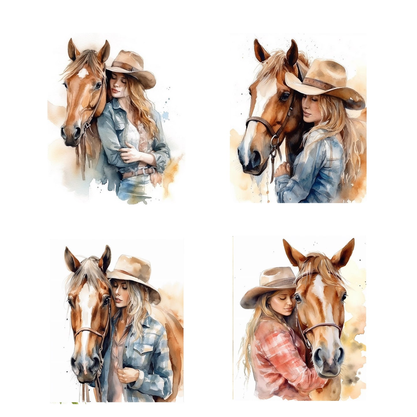 Set of 4  8x10 Girls and Horses Wall Art Canvas Print, Contemporary Wall Art