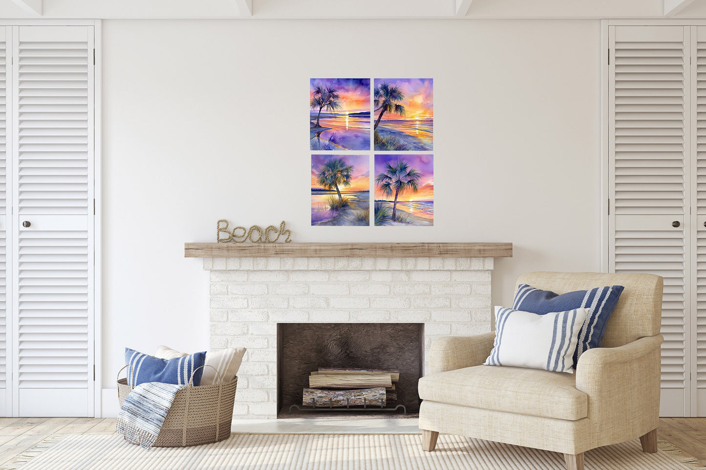 Set of 4  8x10 Pastel Sunset Beach Wall Art Canvas Print, Contemporary Wall Art