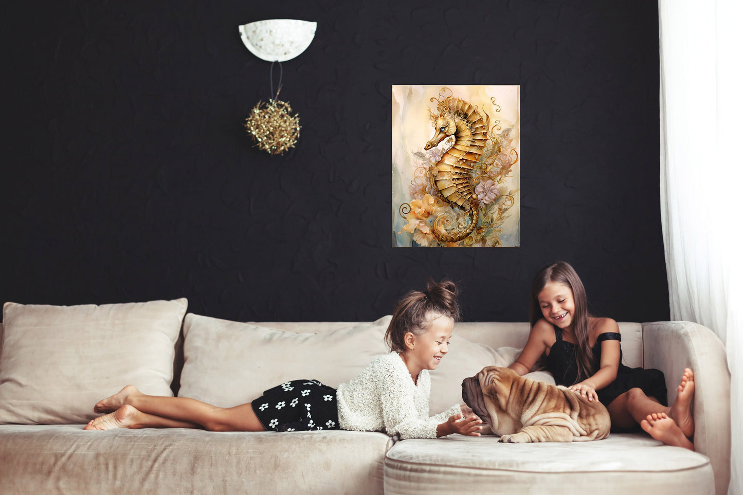 11x14 Golden Seahorse Wall Art Canvas Print