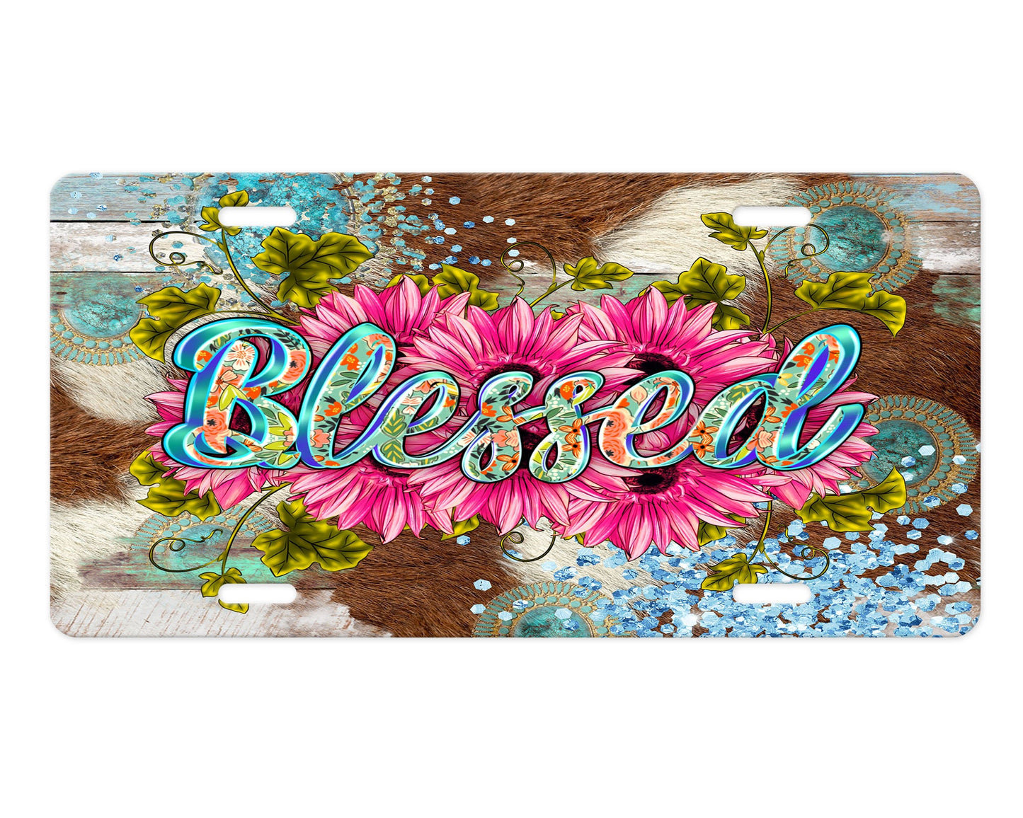 Pink Daisy Blessed Vanity Decorative Front License Plate Cute Car License Plate Aluminum Metal Plate