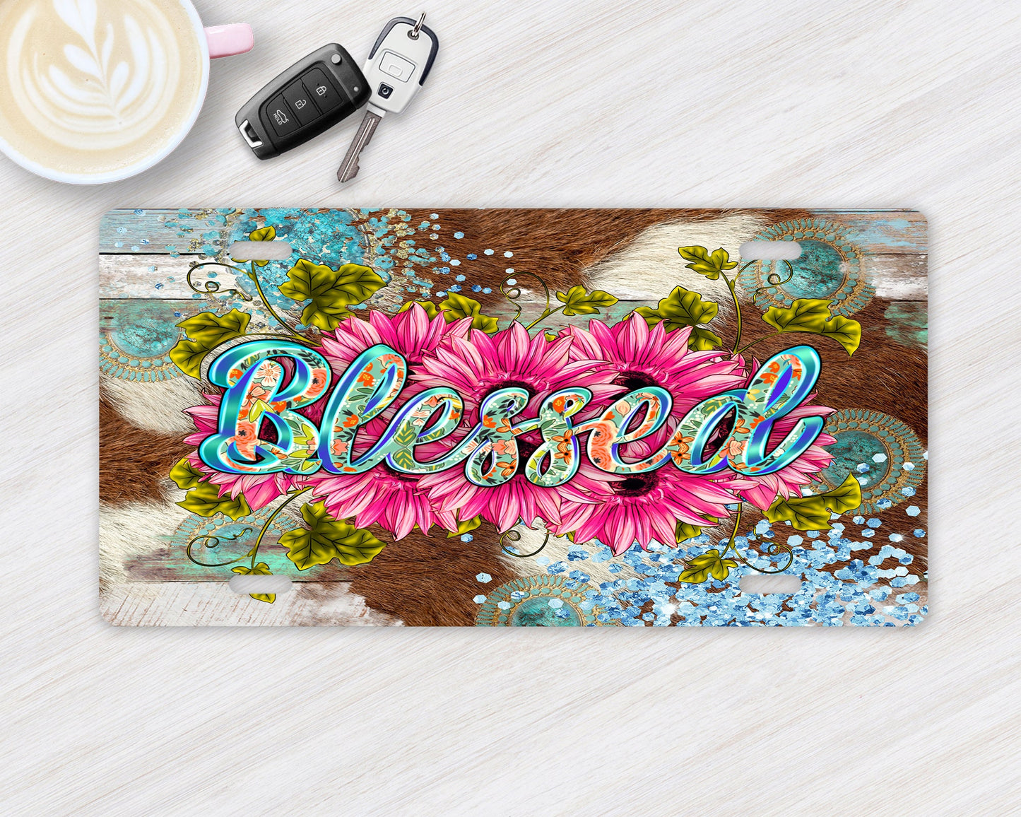 Pink Daisy Blessed Vanity Decorative Front License Plate Cute Car License Plate Aluminum Metal Plate