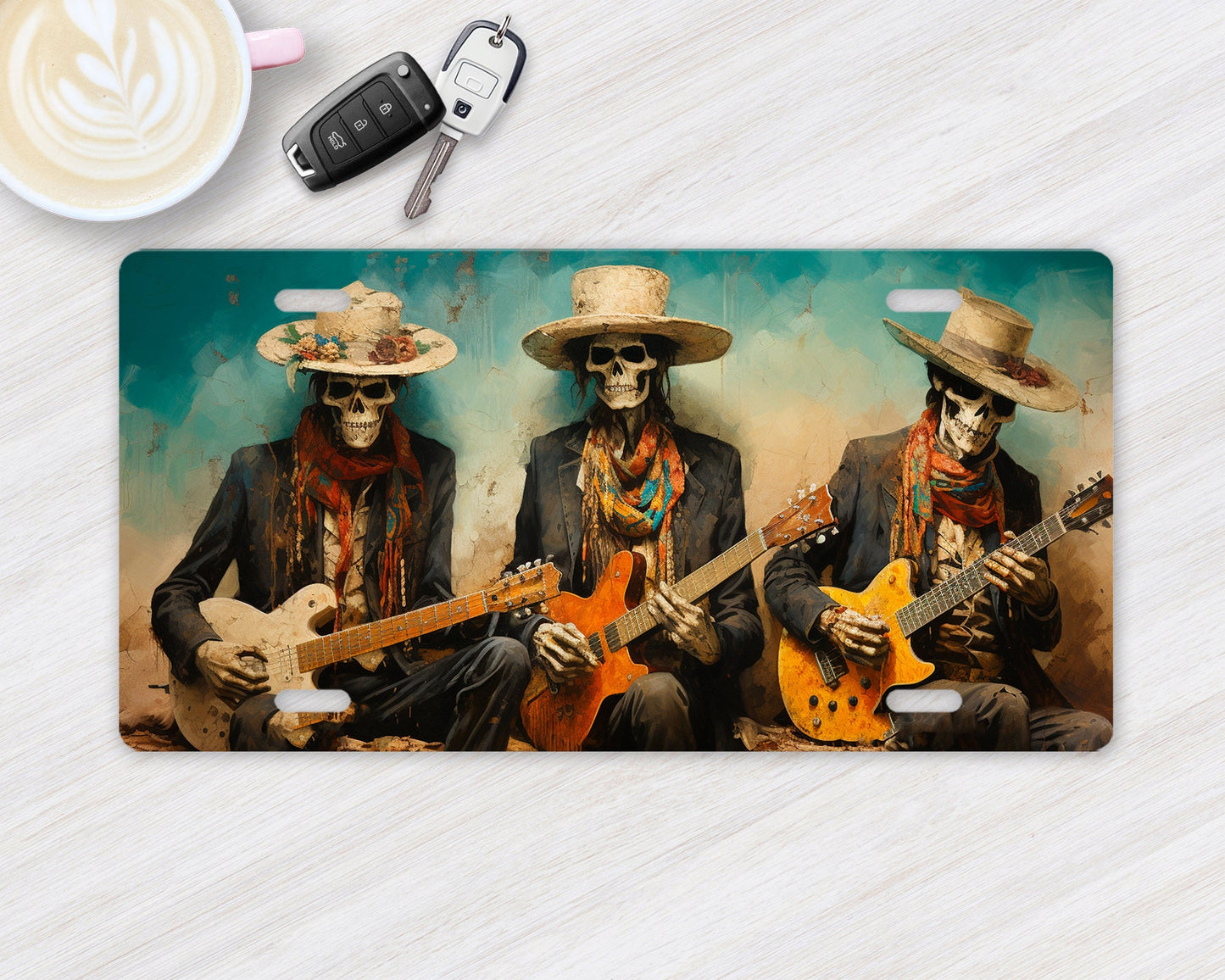 Skeleton Guitar Players Vanity Decorative Front License Plate Cute Car License Plate Aluminum Metal Plate