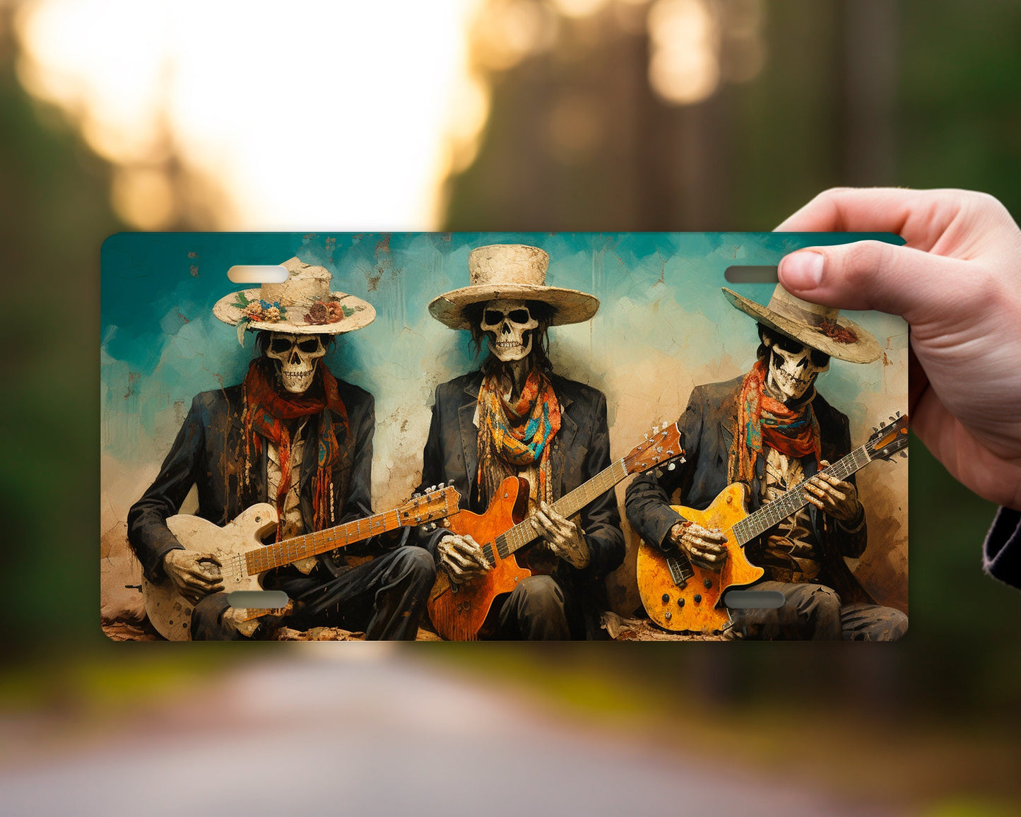 Skeleton Guitar Players Vanity Decorative Front License Plate Cute Car License Plate Aluminum Metal Plate