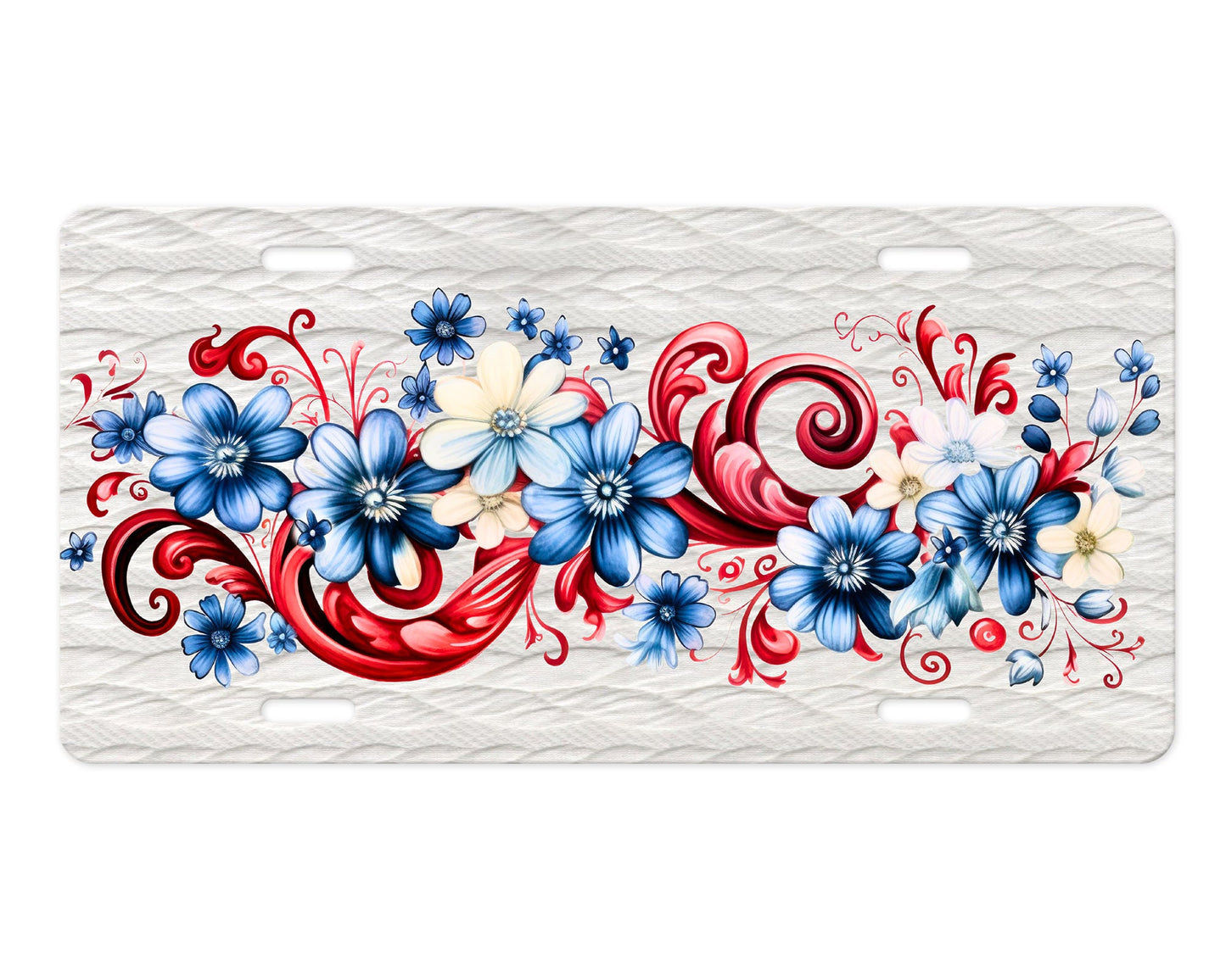 Vanity Front License Plate, Red, White and Blue Floral Spray Aluminum License Plate Car Accessory Decorative Front Plate