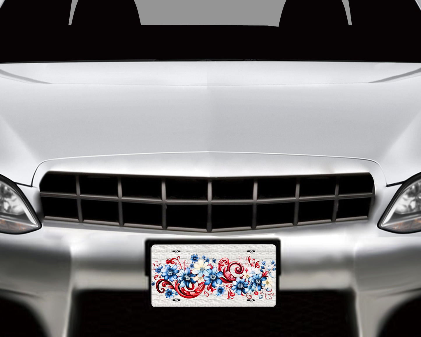 Vanity Front License Plate, Red, White and Blue Floral Spray Aluminum License Plate Car Accessory Decorative Front Plate