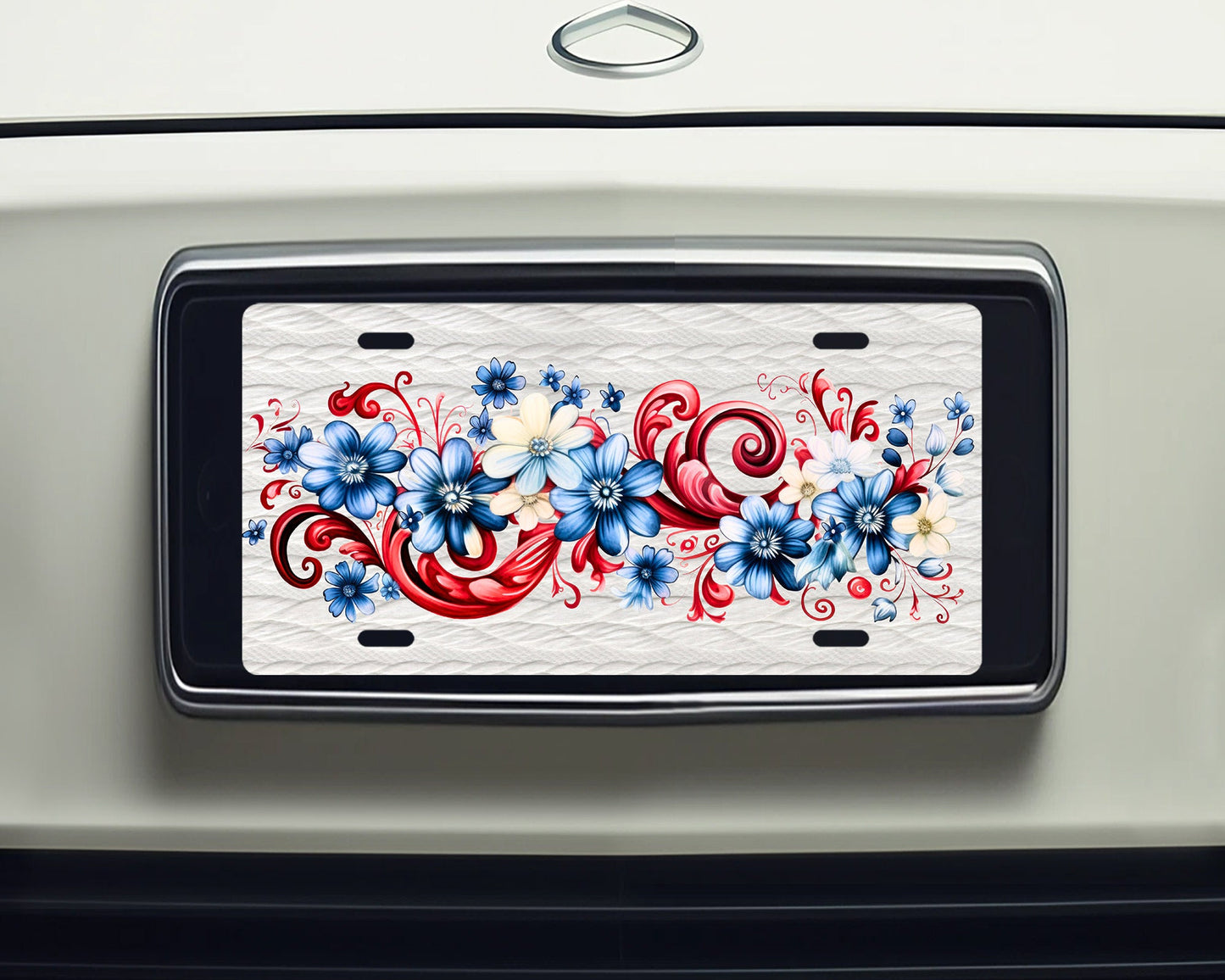 Vanity Front License Plate, Red, White and Blue Floral Spray Aluminum License Plate Car Accessory Decorative Front Plate