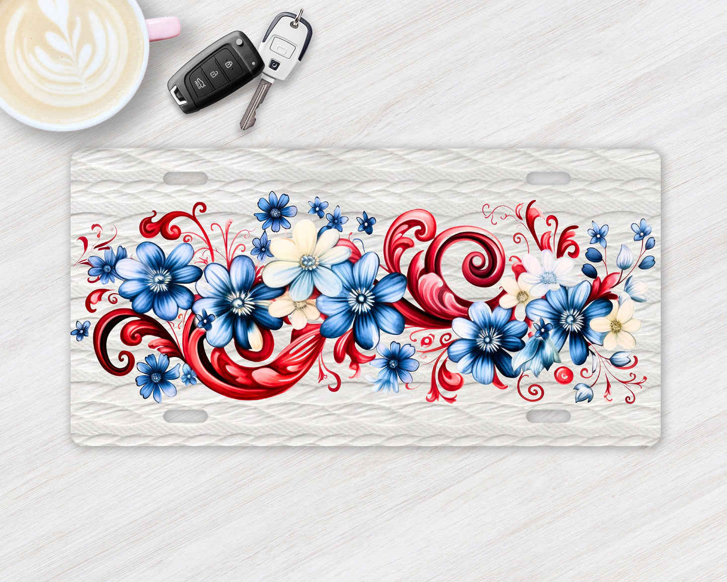 Vanity Front License Plate, Red, White and Blue Floral Spray Aluminum License Plate Car Accessory Decorative Front Plate